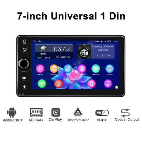 Disfrutando single din Android 10,0 7 pulgadas universal Unidad de radio de coche 4GB de RAM + ROM de 64GB autoradio RDS soporte FM Carplay/4G/BT/WIFI ► Foto 1/6