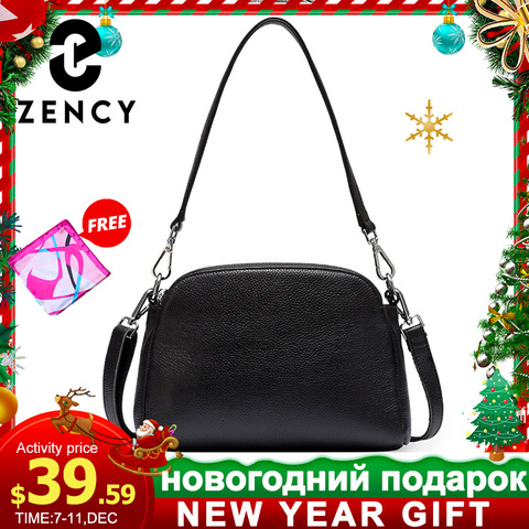 Zency-Bolso de hombro de piel auténtica 100% para mujer, de piel auténtica bandolera, con cierre de dos cremalleras, color negro ► Foto 1/6