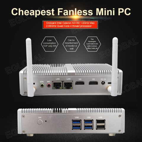 Eglobal mejor oferta Mini PC sin ventilador Celeron N3150 Pentium N3700 con 2 * HD Dual Lan Barebone ordenador de escritorio Micro HTPC WiFi 300M ► Foto 1/6