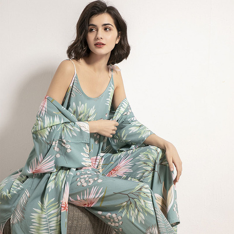 Conjunto de pijama de satén y algodón para mujer, ropa de dormir con estampado de girasoles y dibujos animados, color azul claro, suelta, fina, para el hogar, primavera y otoño, 2022 ► Foto 1/6
