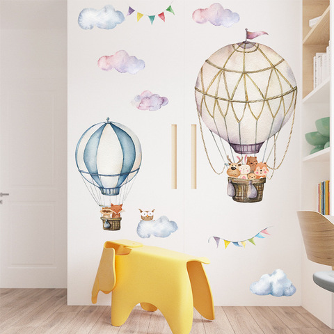 Pegatinas de fondo con globos de aire caliente de dibujos animados para habitación de niños, decoración de habitación de bebés y guardería, calcomanías de pared de animales, Mural con imagen de nube extraíble ► Foto 1/6