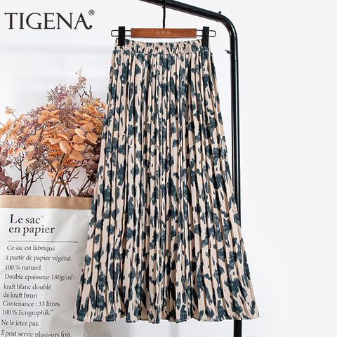 TIGENA-Falda plisada grande larga con estampado de leopardo para mujer, Falda plisada grande de gasa de cintura alta elástica coreana para primavera y verano 2022 ► Foto 1/6