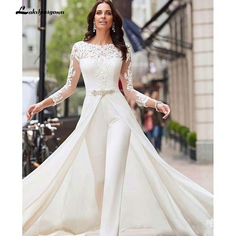 Monos Blancos baratos, pantalones de manga larga, vestidos de boda de encaje satinado con cuentas, cristales de talla grande, Vestido de novia ► Foto 1/3