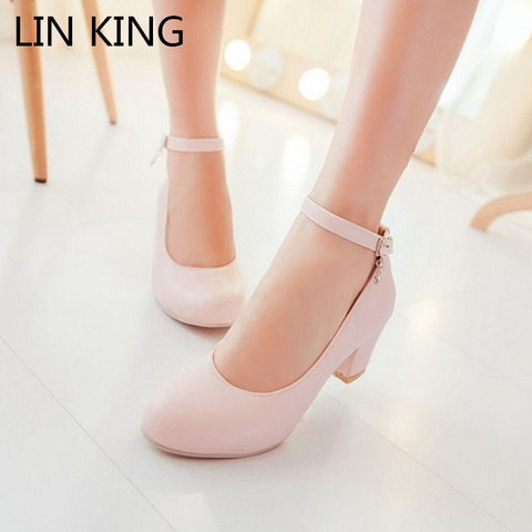 LIN KING-zapatos de tacón alto para mujer, calzado con hebilla sólida, punta redonda, Lolita, tacones cuadrados, zapatos de correa en el tobillo, plataforma de talla grande ► Foto 1/6