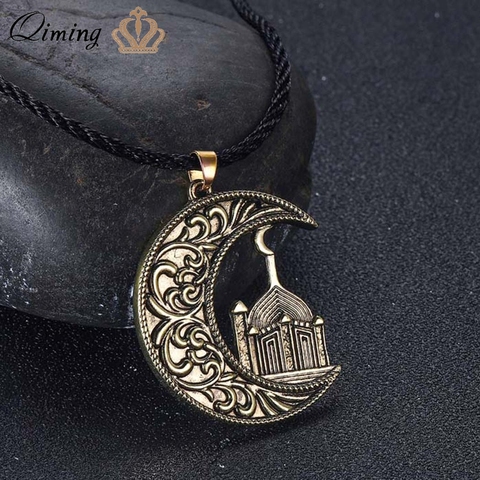 QIMING media luna Luna mezquita islámica Collar para las mujeres vikingo eslavo casa Vintage Retro colgante de joyería de collar para hombres, ► Foto 1/6