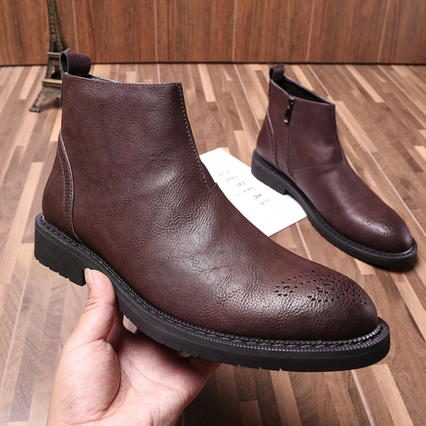 Yominior-Botas de cuero de vaca para hombre, botines transpirables de Punta puntiaguda, hechos a mano, para Otoño e Invierno ► Foto 1/6