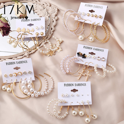 17KM-pendientes de perlas Vintage para mujer, conjunto de pendientes de Cruz de Oro grande, aretes colgantes de mariposa con borla larga, joyería 2022 ► Foto 1/6