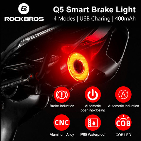RockBros-Luz trasera inteligente de bicicleta, sensible al frenado, LED IPx6 recargable, a prueba de agua, accesorios Q5 ► Foto 1/6