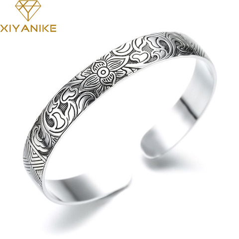 XIYANIKE-pulsera de plata de primera ley con forma de flor de loto para mujer, brazalete ajustable, plata esterlina 925, Estilo Vintage, fiesta religiosa ► Foto 1/5