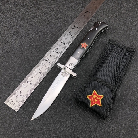 Cuchillo de bolsillo plegable Manual NKVD KGB EDC, mango de ébano negro, acabado de hoja de espejo 440C, para acampada al aire libre, Ruso ► Foto 1/6