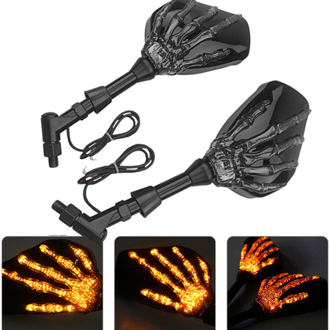 Espejos retrovisores de motocicleta mano con calavera de garra de fantasma LED luz de señal espejo ajuste 10mm 8mm pernos motor espejo ► Foto 1/6