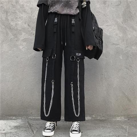 Pantalones negro de los hombres de algodón de Streetwear Hip hop pantalones con cadena suelto holgado Vintage Punk pantalones Harem elástico cintura Emo Pantalones ► Foto 1/6