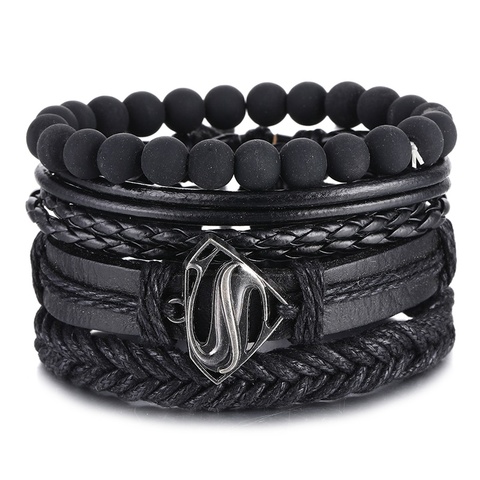 IFMIA-pulsera de cuero con cuentas de triángulo hueco para hombre, brazalete, varias capas, color negro, Estilo Vintage, 2022 ► Foto 1/6