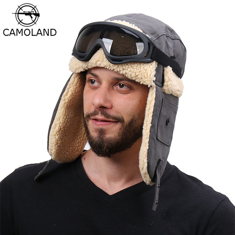 CAMOLAND-Sombrero de lana de imitación para hombre y mujer, gorra Bomber de lana de imitación de Berber para hombre y mujer, Ushanka de Rusia con gafas, gorros de nieve con orejera cálida ► Foto 1/1