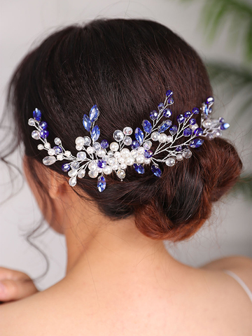 Tocado de boda azul a la moda para mujer, peine para el pelo con diamantes de imitación, tocados de cristal para banquete, fiesta, graduación, diadema nupcial ► Foto 1/6