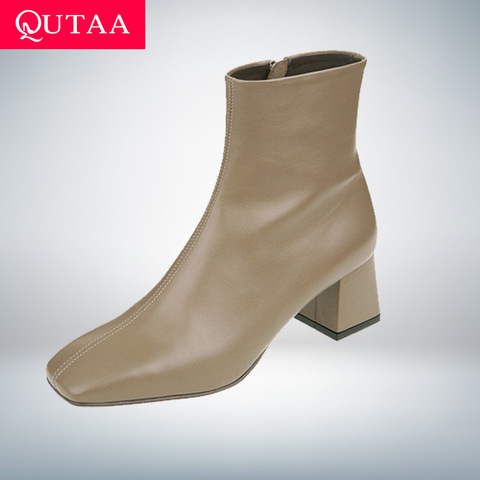 QUTAA-Botines Retro de piel auténtica para mujer, botas de tacón cuadrado con cremallera, zapatos que combinan con todo, talla 34-39, para otoño e invierno, 2022 ► Foto 1/6