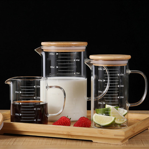 Tazas medidoras de vidrio de borosilicato de grado alimenticio del hogar, 250-1000ml, olla, hervidor de té de la leche de cocina, taza de vidrio con tapa, taza medidora ► Foto 1/6