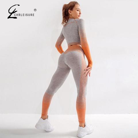 Chándal sin costuras para mujer, conjunto de dos piezas a rayas laterales para trotar, camisetas de manga larga para Fitness, Push-up de cintura alta ► Foto 1/6