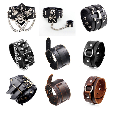 Heavy Metal negro marrón pulsera de cuero para hombres, declaración de Rock, pulseras del Calavera, pulsera de estilo gótico, joyería de personalidad ► Foto 1/6