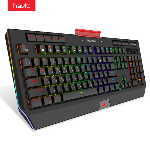 HAVIT-Teclado mecánico con cable USB, 104 teclas, interruptor azul, teclado para juegos, multifuncional, a todo Color, luz lateral RGB, soporte para teléfono ► Foto 1/6