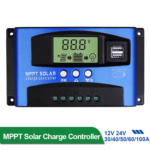 Controlador de carga solar, control con pantalla LCD, dual USB y panel de celdas solares con regulador automático 12V/24V, MPPT 30/40/50/60/100A ► Foto 1/6