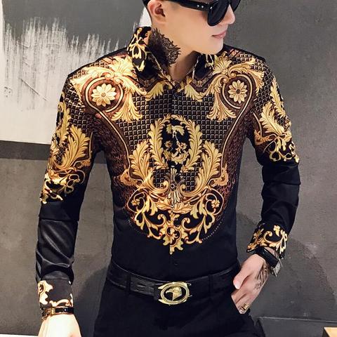 Camisa de lujo con estampado dorado y negro para hombre, ropa de Club Real coreana, camisa de manga larga ajustada, camisa de esmoquin ► Foto 1/6