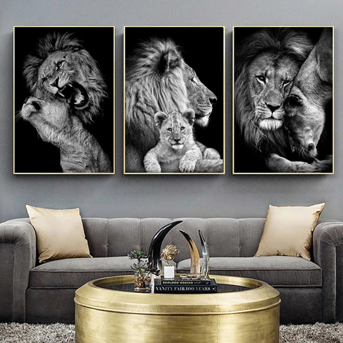 Pintura al óleo de Leones de Arte de animales blancos y negros, pósteres e impresiones artísticos de pared para sala de estar, hogar, decoración de pared ► Foto 1/6