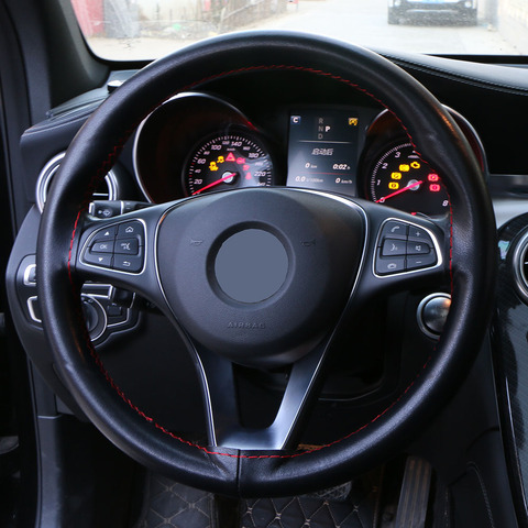 O SHI CAR Cubierta del volante del coche de cuero de la PU volante trenza 15 pulgadas/38 cm coche DIY de coser a mano de dirección cubiertas negro ► Foto 1/6