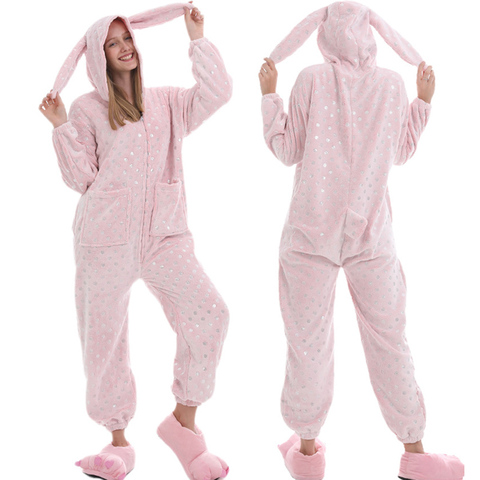 Disfraz de conejo Kigurumi para mujer, ropa de dormir de una pieza con diseño divertido de Animal, color rosa, para casa, para niños y niñas ► Foto 1/6