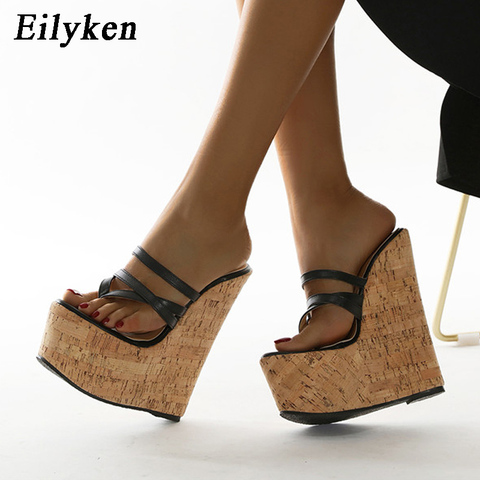 Eilyken 2022 nuevo negro Sexy Super 18CM de alto tacón cuñas de plataforma de banda estrecha pizca sandalias chancletas para mujeres sandalias Zapatillas Zapatos ► Foto 1/6