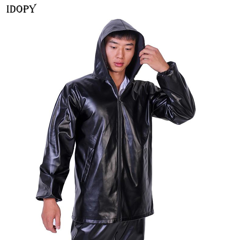 Idopy-Chaqueta de piel sintética con capucha para hombre, abrigo impermeable de PU con capucha para trabajo al aire libre, ropa de trabajo de talla grande XL-5XL ► Foto 1/6