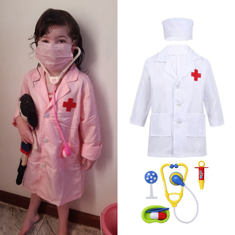 Uniforme de médico para niños y niñas, Cosplay de cirujano para Halloween, bata y gorro de laboratorio de veterinario quirúrgico, accesorios de herramientas rosas ► Foto 1/6