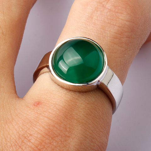 Anillo de Plata de Ley 925 para hombre y mujer, ajuste de bisel clásico, redondo verde, piedra de ágata Natural, joyería de boda ► Foto 1/6