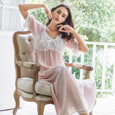 Camisón largo de encaje de algodón para mujer, ropa de dormir romántica, Estilo Dulce de princesa para verano ► Foto 1/4