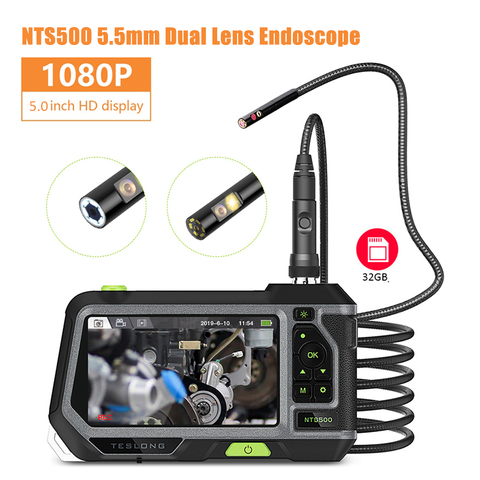 NTS500 HD 5,0 pantalla 5,5mm cámara de inspección de doble lente video endoscopio 1080P boroscopio de tubería IP67 3M herramienta de cámara de Monitor de coche ► Foto 1/6