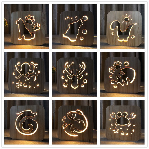 Firya-Lámpara LED de madera en forma de Animal, Luminaria de noche en forma de Animal, alce, pez, cangrejo, dinosaurio, lámpara de escritorio 3D alimentada por USB para regalo de Navidad para bebé ► Foto 1/6