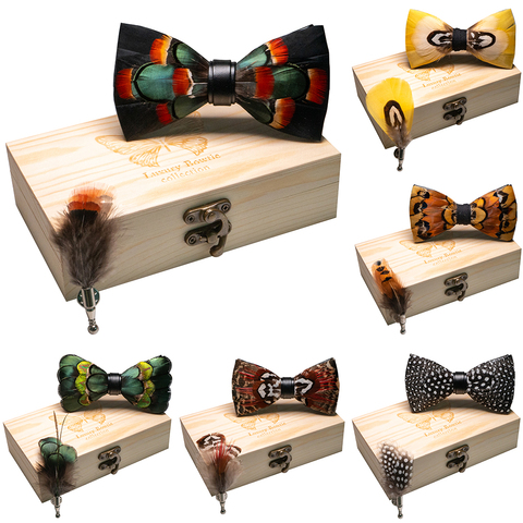 Pajarita italiana de diseño Original para hombre, pluma de pavo real de moda, exquisita pajarita hecha a mano, conjunto de caja de madera para hombre, fiesta, boda ► Foto 1/6