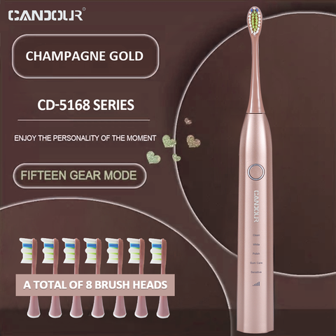 CANDOUR CD-5168 cepillo de dientes Eléctrico y Sónico con 15 modos de cepillado, IPX8 impermeable y cargador USB auriculares de repuesto ► Foto 1/6