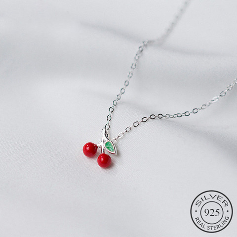 Gargantilla de cereza de esmalte rojo de Plata de Ley 925 auténtica para mujer, collar con colgante, joyería fina, accesorios de personalidad, regalo ► Foto 1/5