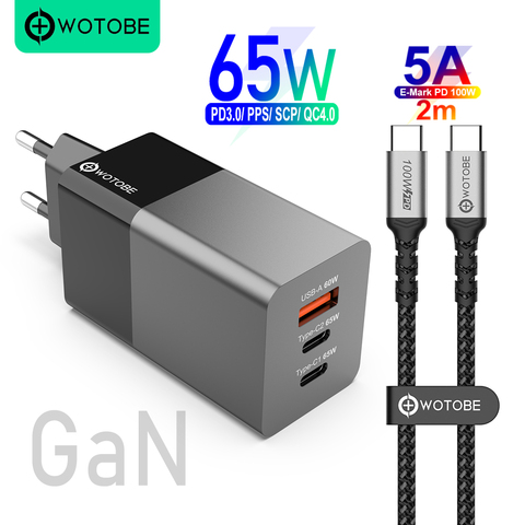 WOTOBE 3port 65W GaN USB C de carga de la pared 65W/45W/20W PD3.0/QC/PPC/SCP 5A cable para USB-C portátiles MacBook iPhone Samsung Huawei ► Foto 1/6