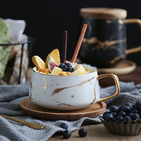 Tazas de té y café de mármol, cerámica mate de lujo, con platillos de madera, tazas de cerámica con incrustación de oro blanco y negro, 300ml ► Foto 1/6