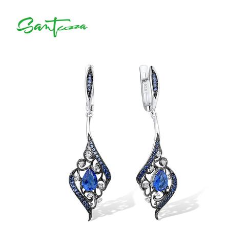 SANTUZZA pendientes de plata para mujer de Plata de Ley 925 Plata brillante azul blanco Cubic Zirconia elegante colgando серьги joyería fina ► Foto 1/6