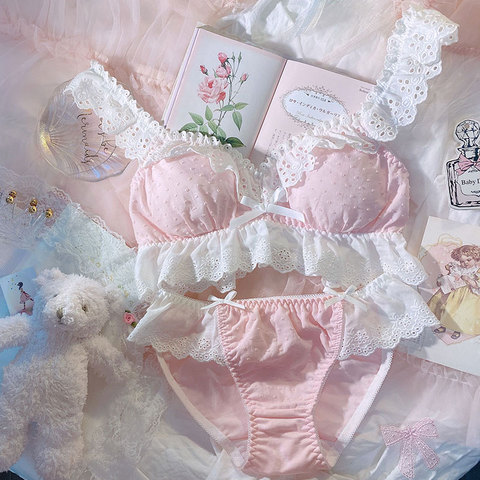 Lolita-Lencería Kawaii de encaje rosa para mujer, conjunto de sujetador y bragas sexys, ropa interior francesa Retro de algodón, bragas íntimas ultrafinas ► Foto 1/6