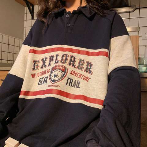 Sudadera holgada Vintage con cuello tipo Polo para mujer, ropa con capucha Harajuku, Top de manga larga para adolescentes, sudadera de gran tamaño con estampado de oso para mujer 2022 ► Foto 1/6