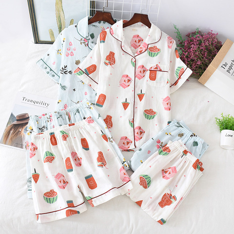 Pijamas de estilo japonés de tres piezas para mujer, pantalones cortos de gasa de algodón de 100%, primavera y verano ► Foto 1/6