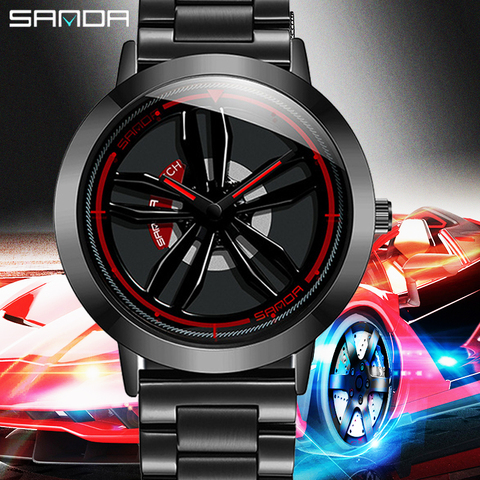 Llanta de rueda de coche para hombre, prémium reloj de pulsera de acero inoxidable, con movimiento de cuarzo y esfera giratoria, Masculino ► Foto 1/6