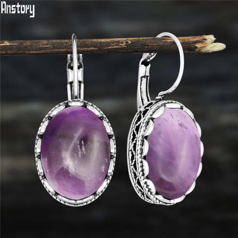 Pendientes ovalados de amatista para mujer, Plata tibetana, piedra Natural, cuarzo rosa, lapislázuli, Ojo de Tigre, pendientes de moda ► Foto 1/6