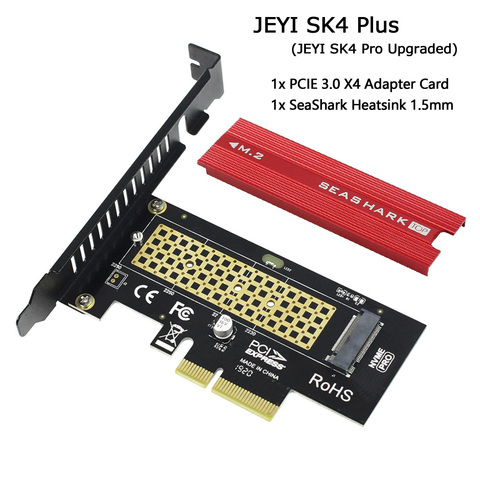 JEYI-Tarjeta adaptadora SK4 Plus con disipador de calor, dispositivo adaptador PCI-e X4 3.0 NVMe para 2230, 2242, 2260, 2280, compatible con SSD PCI-e X8 X16, con disipador de calor M.2 SeaShark ► Foto 1/6