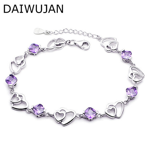 Daiwojan-pulsera de amor elegante para mujer, Plata de Ley 925, amatista púrpura, corazón hueco doble, regalos de joyería romántica ► Foto 1/5