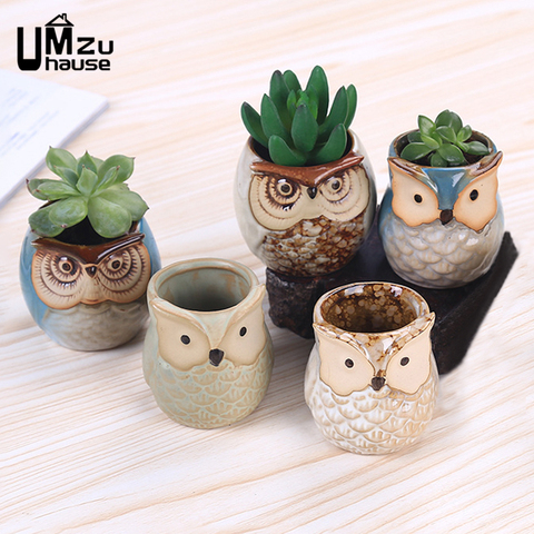 Mini jardineras de planta de macetas con flores de búho recipientes de cerámica con dibujos de animales para decoración del hogar y jardín, mesa de oficina creativa con paisaje ► Foto 1/1